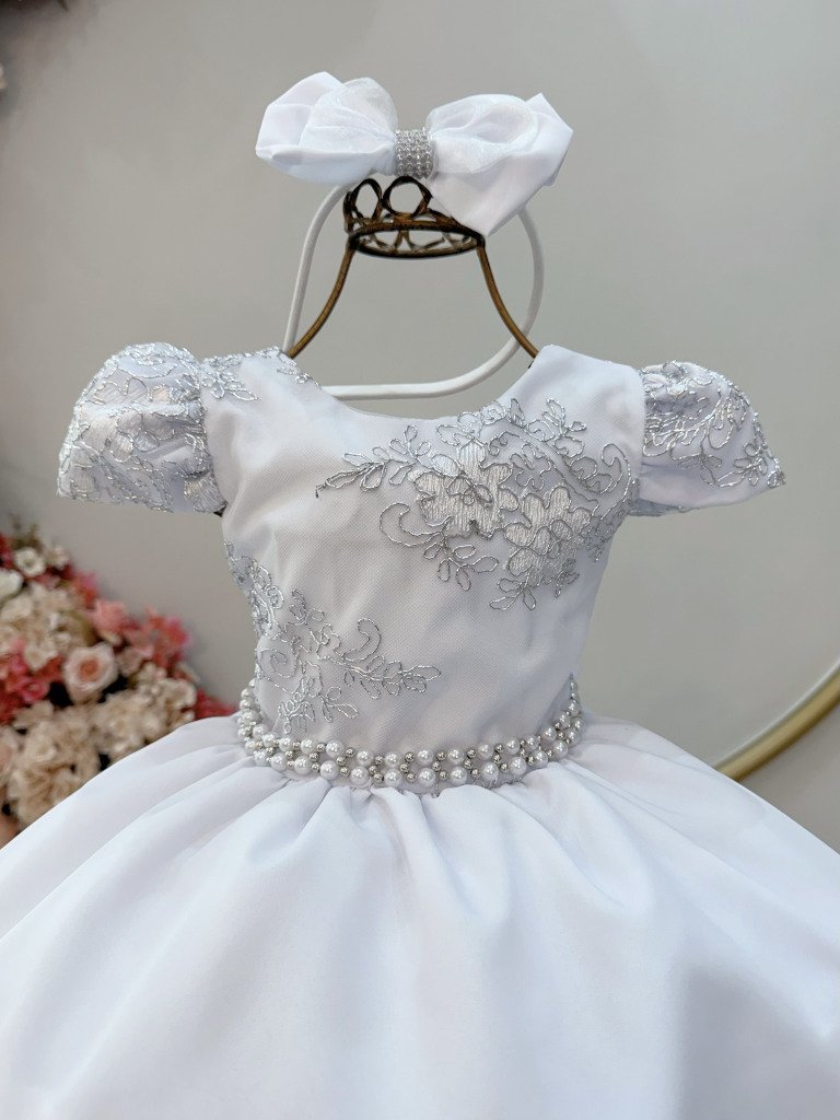Vestido Infantil Branco Renda Metalizada C/ Tiara Daminhas