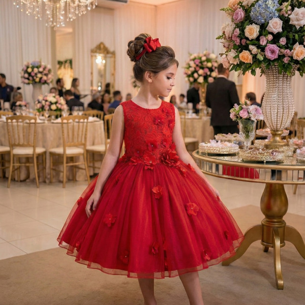 Vestido Juvenil Vila Lele Regata Flores Vermelho