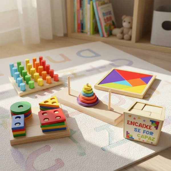 Kit 5 Brinquedos Educativo Infantil em Madeira e EVA Pedagógico Lúdico