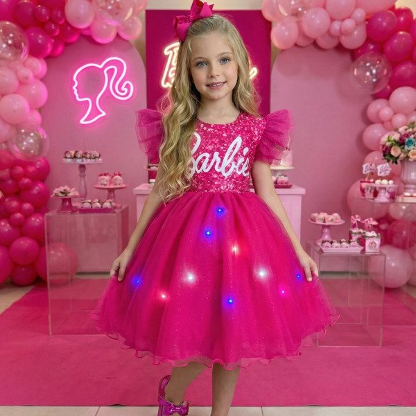 Vestido Ysa Kids Barbie Luxinho Pink Com led