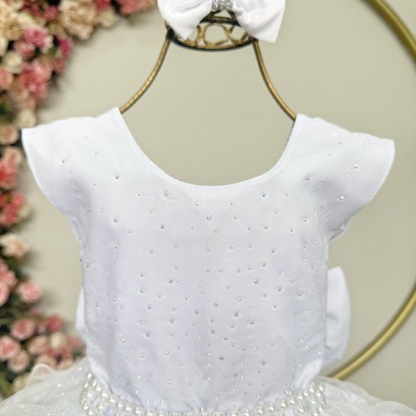 Vestido Infantil Branco Saia C/ Babados e Glitter Daminha