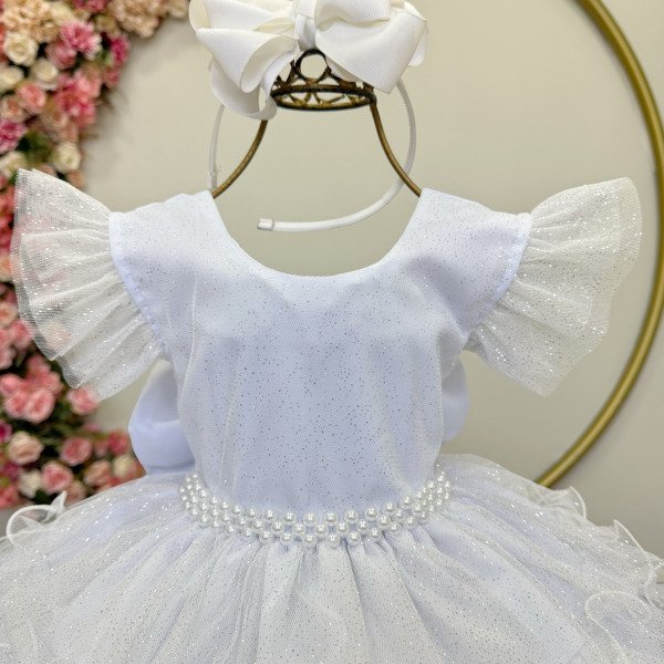 Vestido Infantil Branco Saia C/ Babados e Glitter Festas