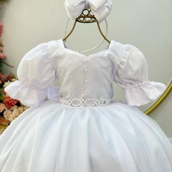 Vestido Infantil Branco Busto Bordado Daminhas Festas Luxo