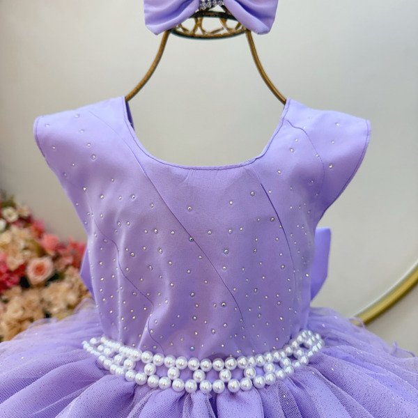 Vestido Infantil Lilás Saia C/ Babados e Glitter Daminha