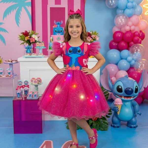 Vestido Tematicos Ysa Kids Lilo Stitch Pink com Led
