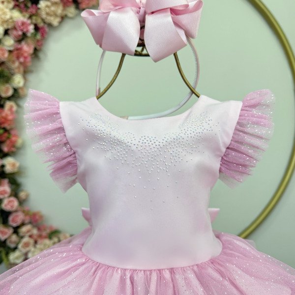 Vestido Infantil Rosa Claro Busto Strass Saia Babados Daminhas