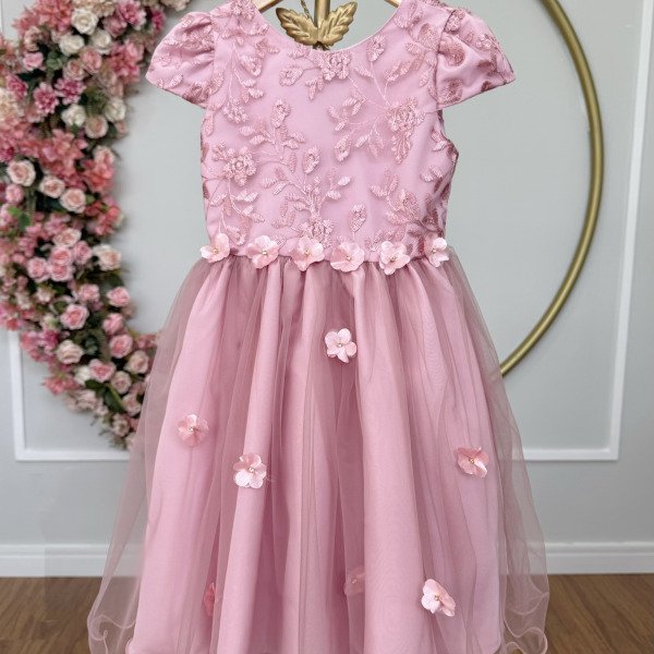 Vestido Infantil Jardim Encantado Rose Festa C/ Renda Luxo