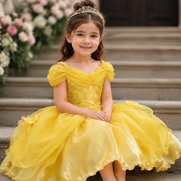 Vestido Infantil Bela e a Fera Princesas C/ Renda e Pérolas