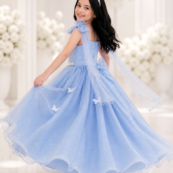 Vestido Infantil Longo Azul C/ Aplique de Borboletas Festas