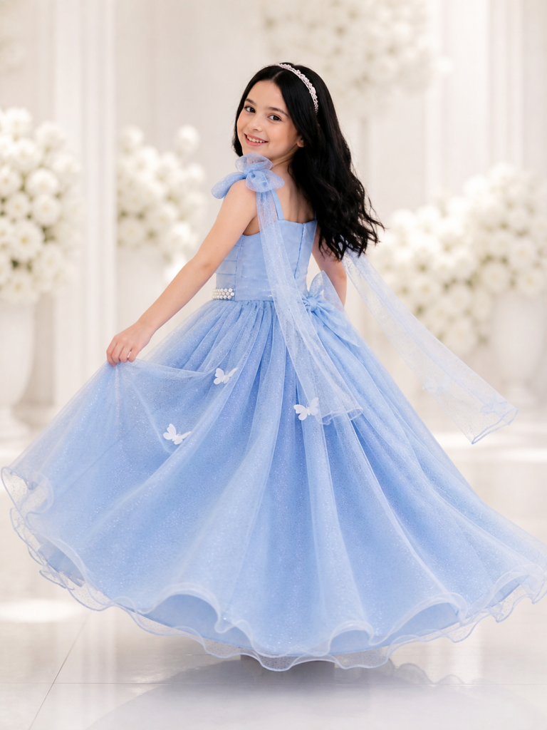 Vestido Infantil Longo Azul C/ Aplique de Borboletas Festas