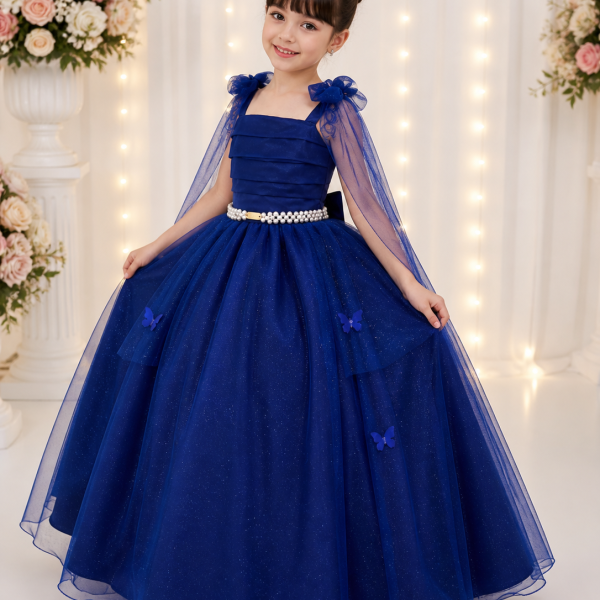 Vestido Infantil Longo Azul Royal C/ Aplique Borboletas Festas