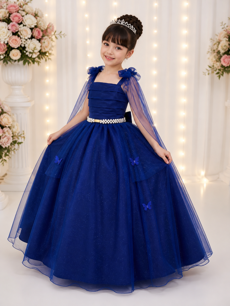 Vestido Infantil Longo Azul Royal C/ Aplique Borboletas Festas