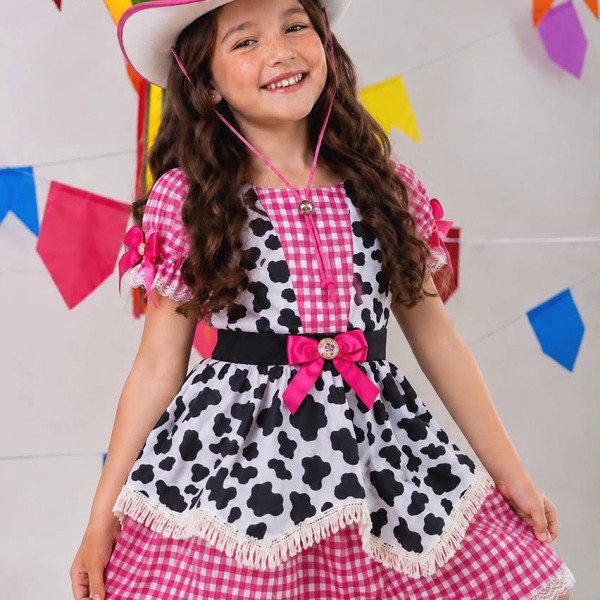 Vestido Infantil Xadrez Pink Fazendinha Vaquinha Boiadeira Laço