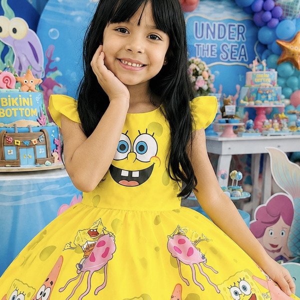 Vestido Infantil Amarelo Turma do Bob Esponja Festas