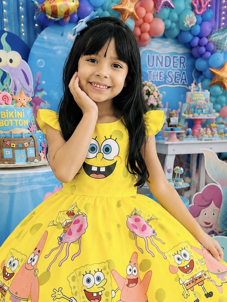 Vestido Infantil Amarelo Turma do Bob Esponja Festas