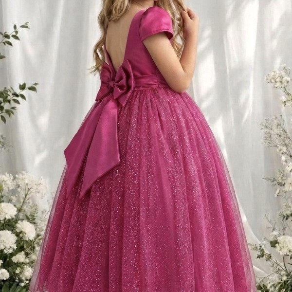 Vestido Infantil Pink Longo de Princesa Brilhante e Mangas