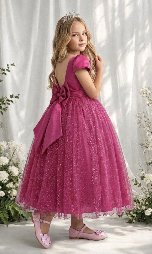 Vestido Infantil Pink Longo de Princesa Brilhante e Mangas