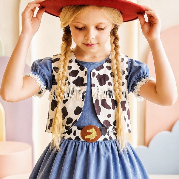 Conjunto Vestido e Colete Infantil Fazendinha Vaquinha Boiadeira Laço