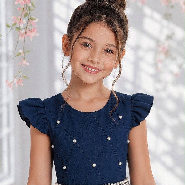 Vestido longo Daminhas, Infantil Azul Marinho em Poliéster, Nervura com Pérolas