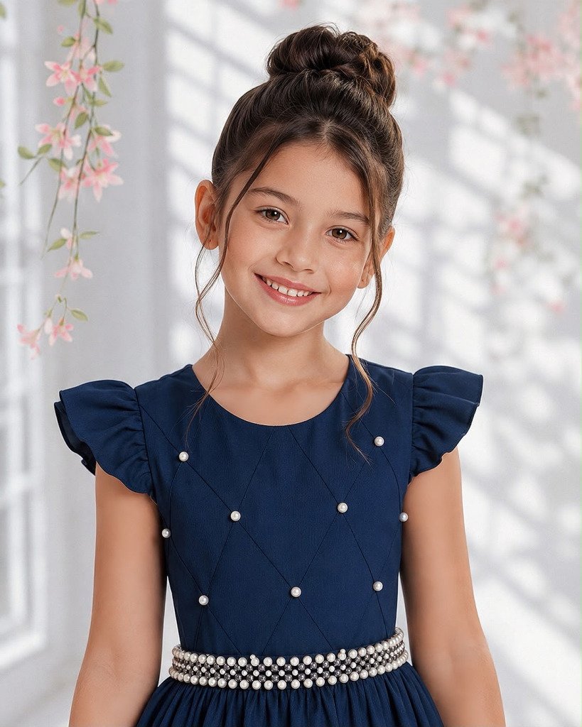 Vestido longo Daminhas, Infantil Azul Marinho em Poliéster, Nervura com Pérolas