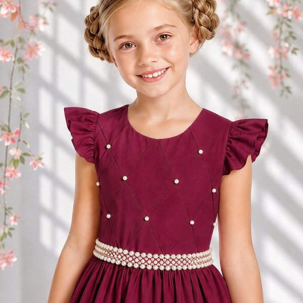 Vestido Longo Daminhas, Infantil Marsala em Poliéster, Nervura com Pérolas Cinto