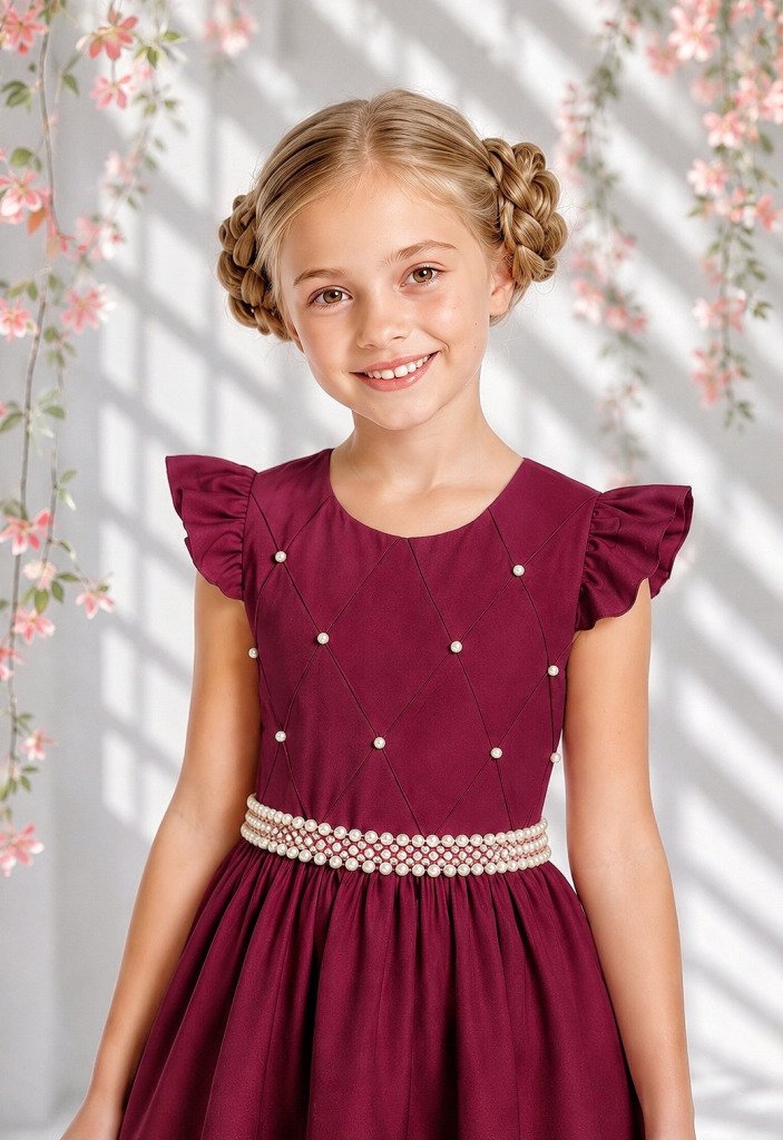 Vestido Longo Daminhas, Infantil Marsala em Poliéster, Nervura com Pérolas Cinto