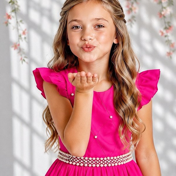 Vestido Longo Daminhas, Infantil Pink em Poliéster, Nervura com Pérolas Cinto Lu