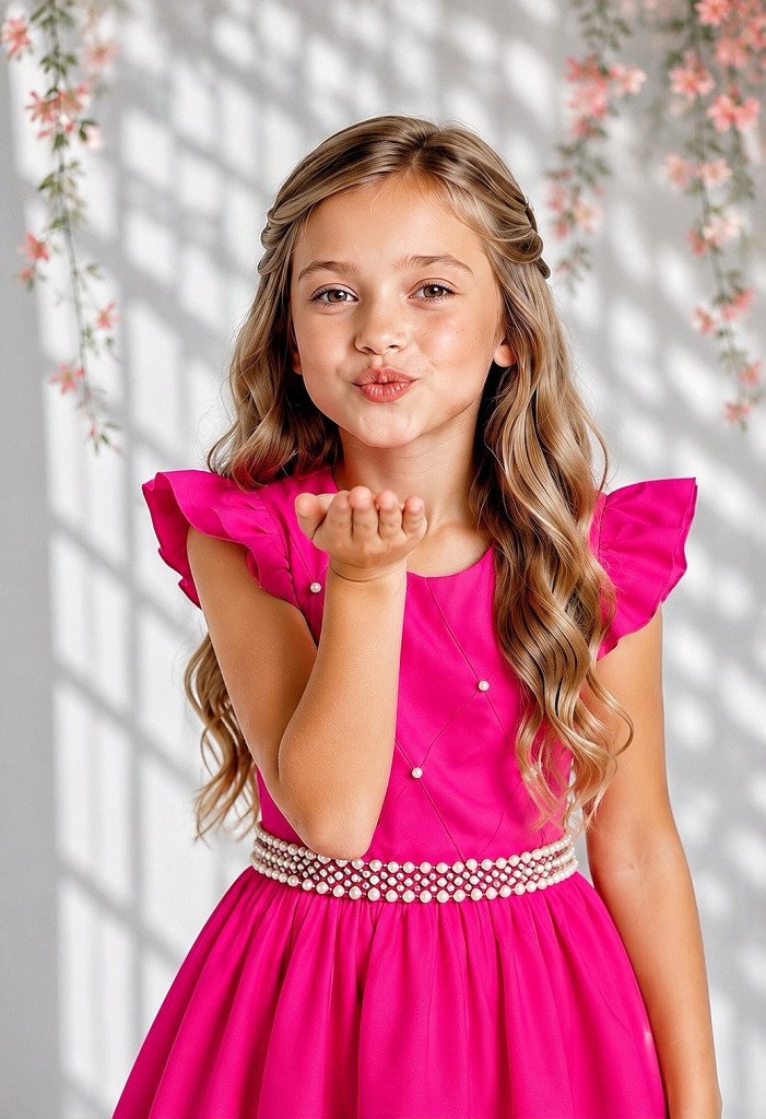 Vestido Longo Daminhas, Infantil Pink em Poliéster, Nervura com Pérolas Cinto Lu