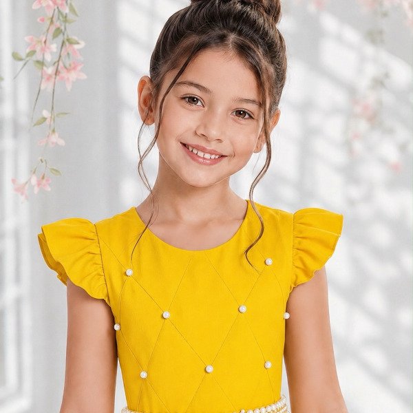 Vestido Longo Infantil Amarelo Ouro Daminha Nervura Pérolas Cinto Luxo