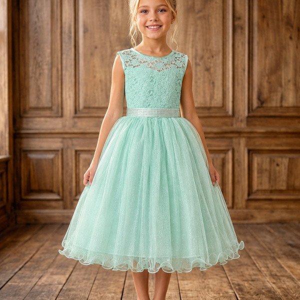 Vestido Infantil Verde Menta Renda e Tule Brilho Damas