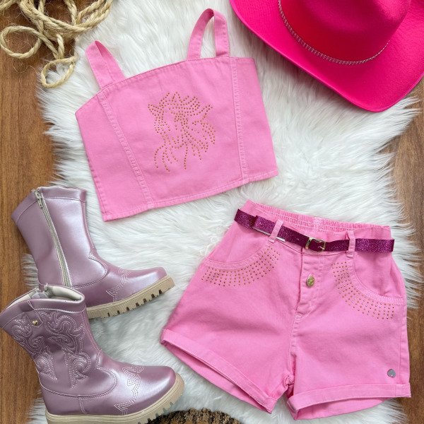 Conjunto Infantil Blusa e Short Sarja Rosa Chiclete Boiadeira Casual