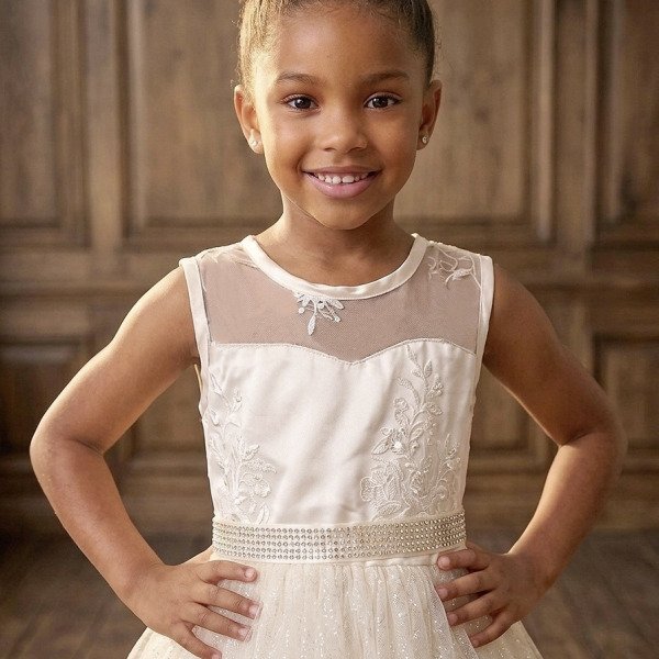 Vestido Infantil Festa Luxo, em Cetim, Off White com Tule Brilhante e Renda