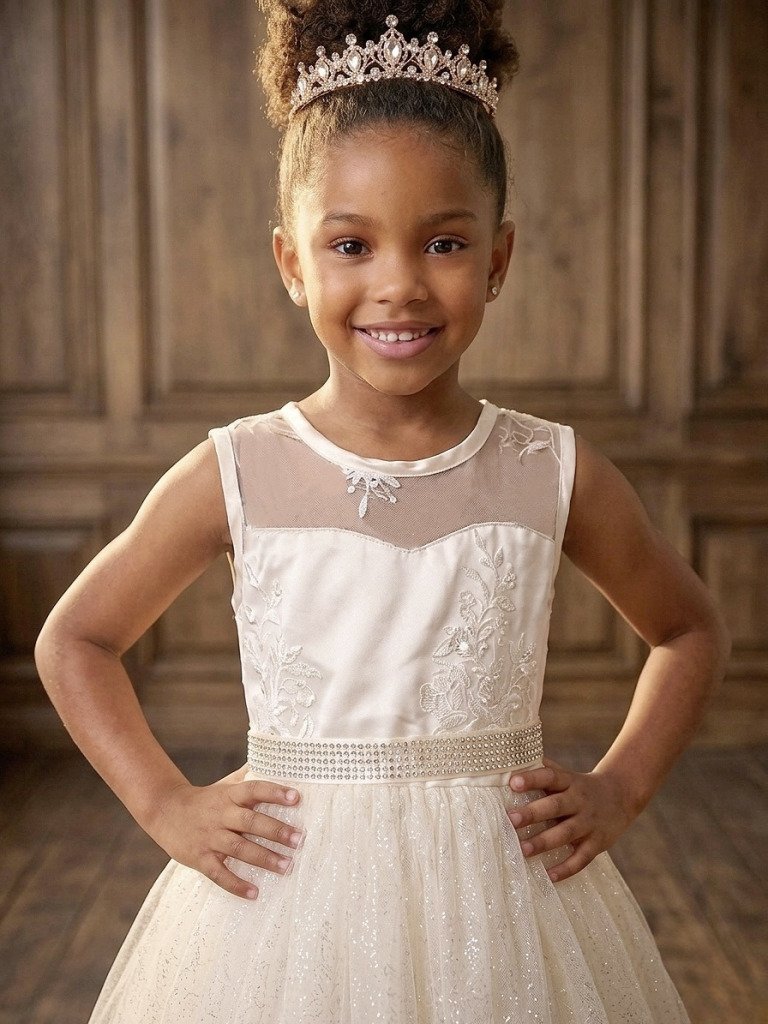 Vestido Infantil Festa Luxo, em Cetim, Off White com Tule Brilhante e Renda