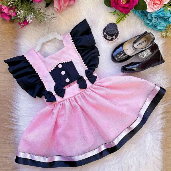 Romper/Vestido Princesa Belli Mundo Bita Rosa e Preto