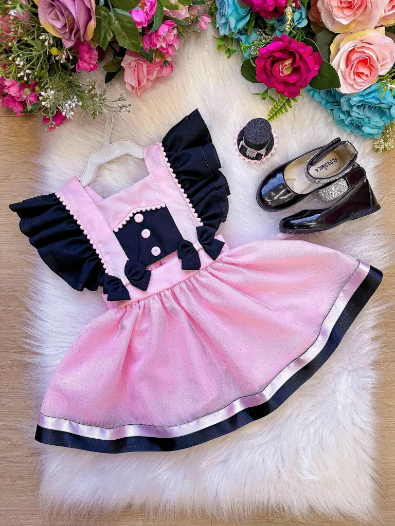 Romper/Vestido Princesa Belli Mundo Bita Rosa e Preto