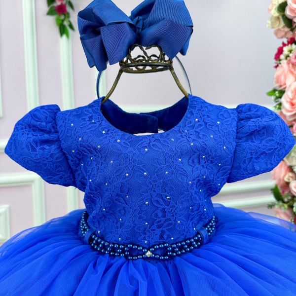 Vestido Menina Bonita Azul Royal Peito Rendado