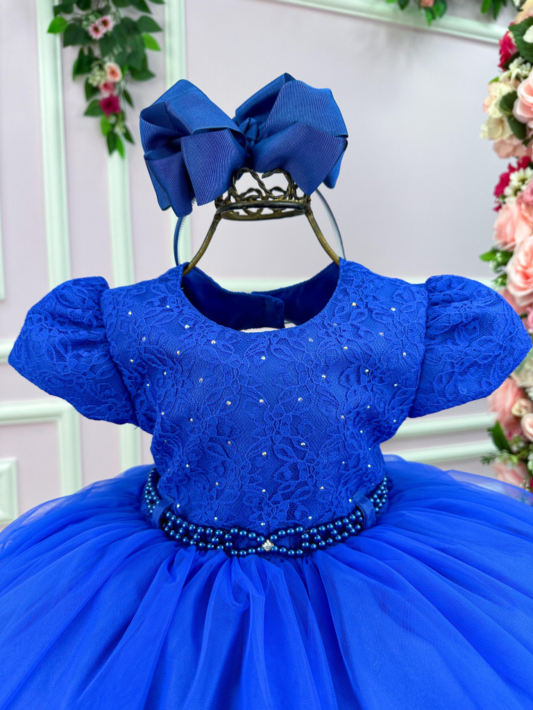 Vestido Menina Bonita Azul Royal Peito Rendado