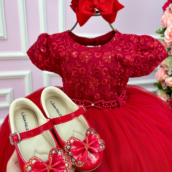 Vestido Menina Bonita Vermelho Peito Renda Flores