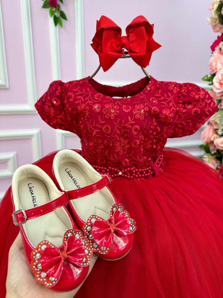 Vestido Menina Bonita Vermelho Peito Renda Flores