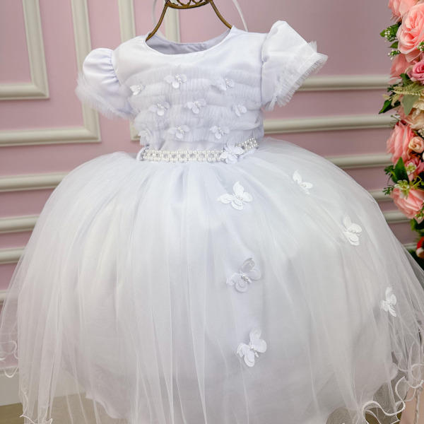 Vestido Menina Bonita Branco Borboletas Peito Tule