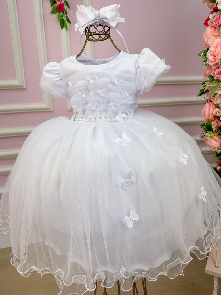 Vestido Menina Bonita Branco Borboletas Peito Tule