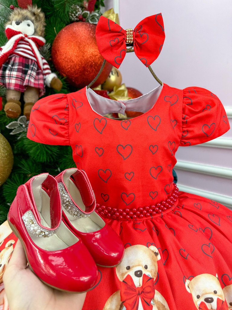 Vestido Mimadine Ursinho Menininha Vermelho Natal
