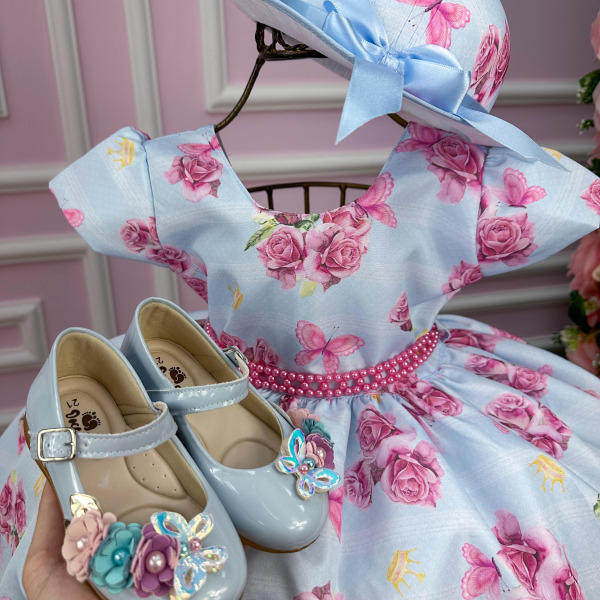 Vestido Miss Cherry Chapeu Azul Bebe Flores e Borboletas