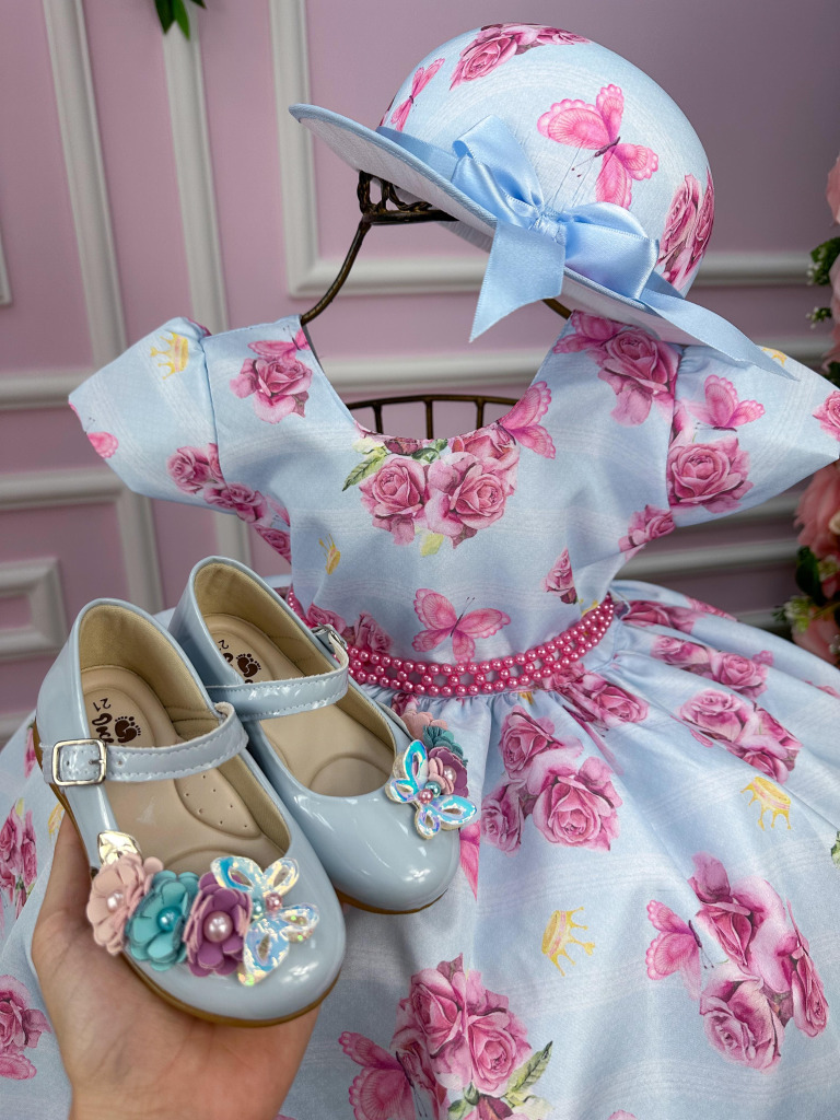 Vestido Miss Cherry Chapeu Azul Bebe Flores e Borboletas