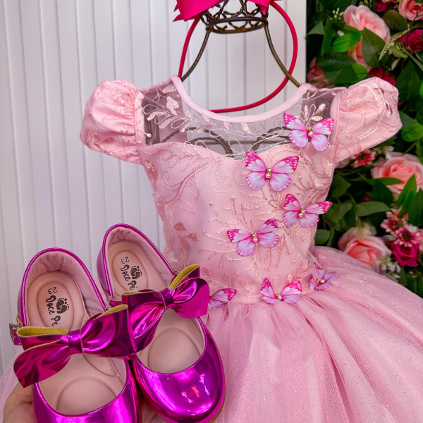 Vestido Vila Lele Longo Jardim Encantado Borboletas Rosa Bebe