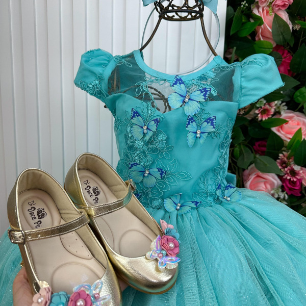 Vestido Vila Lele Longo Jardim Encantado Borboletas Verde Tiffany