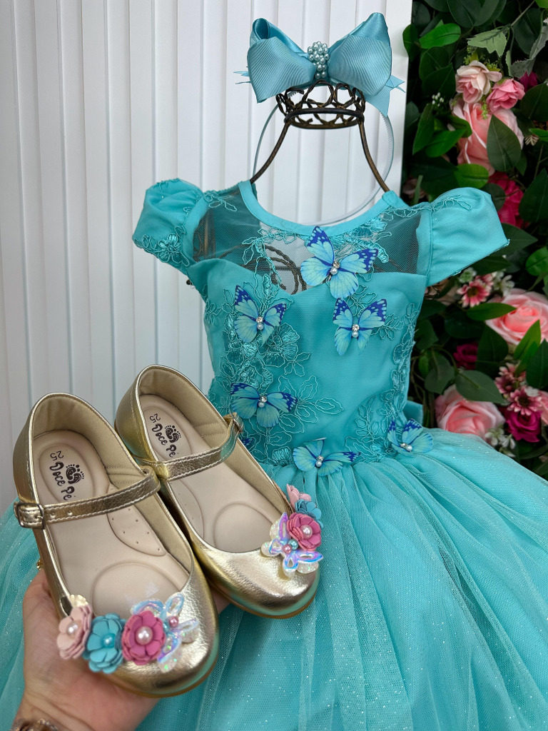 Vestido Vila Lele Longo Jardim Encantado Borboletas Verde Tiffany
