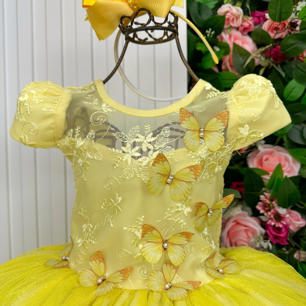 Vestido Vila Lele Longo Jardim Encantado Borboletas Amarelo