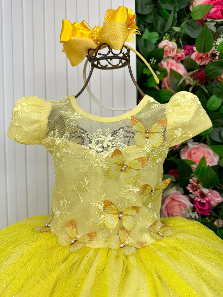 Vestido Vila Lele Longo Jardim Encantado Borboletas Amarelo