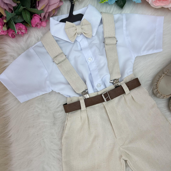 Conjunto Miss Cherry Suspensorio Luiz Linho Bege